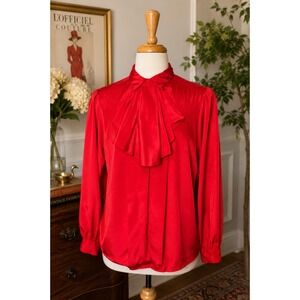 Vintage 80s Red Satin Secretary‎ Blouse Jabot Ruffle Career Top Large XL
